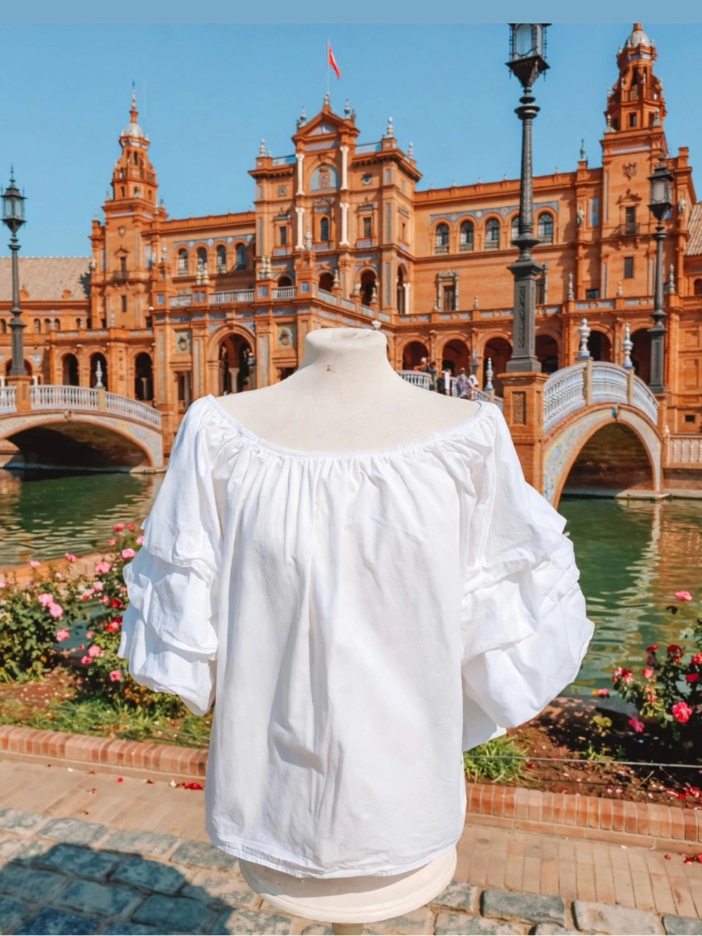 Off-Shoulder White Ruffle Sleeve Blouse 100% Cotton